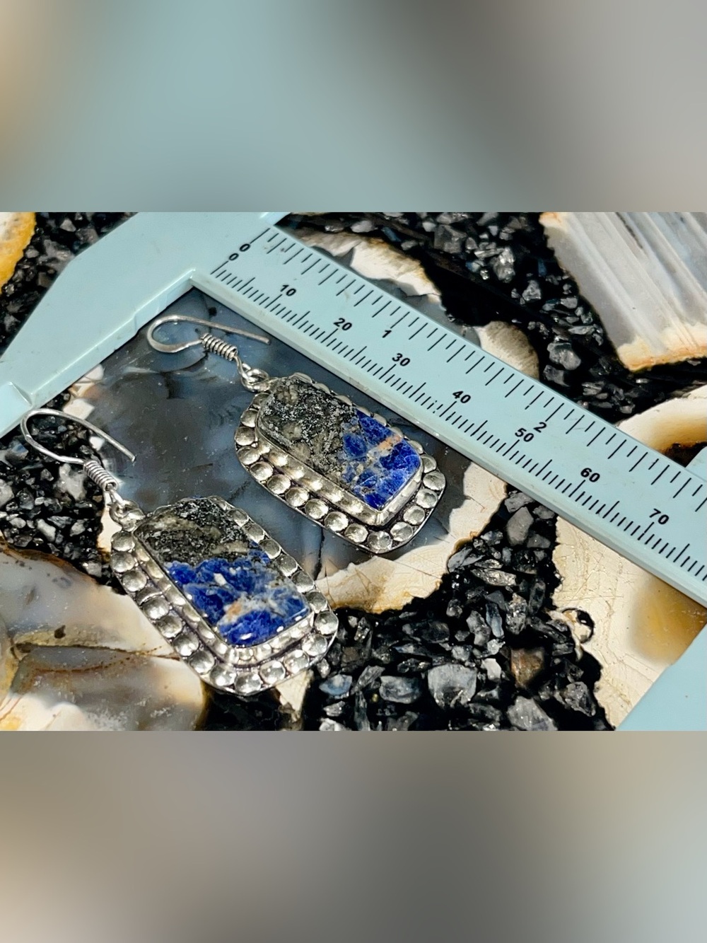 Navy Sodalite with Pyrite Earrings 2” - Picture 14 of 15